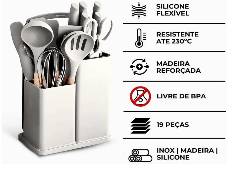 Utensilios Para Cozinha Silicone Kit 19 Peças Cabo Madeira Conjunto Completo Espátula Concha Colher Jogo Suporte Faca Antiaderente Tabua Tesoura Faqueiro PREMIUM (Branco)