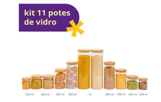 Kit 11 potes de vidro com tampa de bambu herméticos redondos