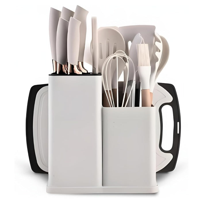 Utensilios Para Cozinha Silicone Kit 19 Peças Cabo Madeira Conjunto Completo Espátula Concha Colher Jogo Suporte Faca Antiaderente Tabua Tesoura Faqueiro PREMIUM (Branco)