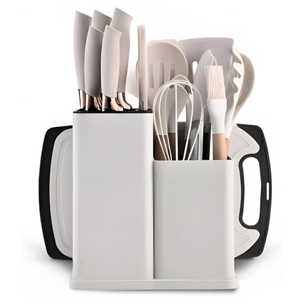 Utensilios Para Cozinha Silicone Kit 19 Peças Cabo Madeira Conjunto Completo Espátula Concha Colher Jogo Suporte Faca Antiaderente Tabua Tesoura Faqueiro PREMIUM (Branco)