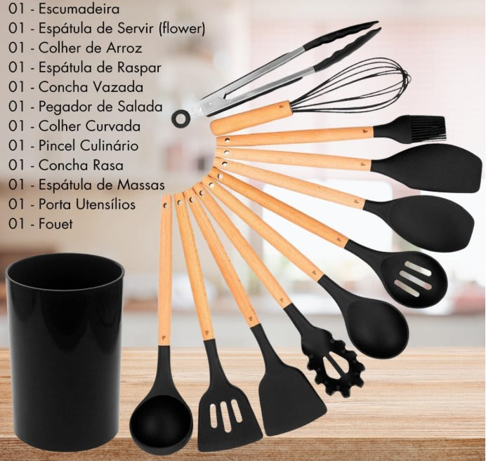 Utensílios de Cozinha Kit 12 ORIGINAL em Silicone e madeira