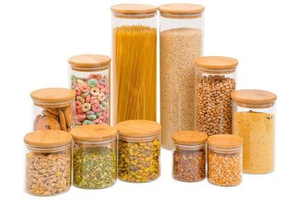 Kit 11 potes de vidro com tampa de bambu herméticos redondos