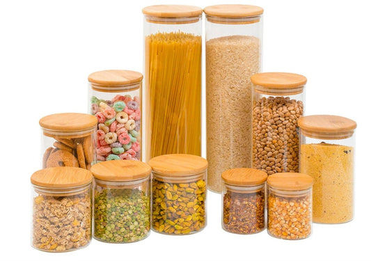 Kit 11 potes de vidro com tampa de bambu herméticos redondos