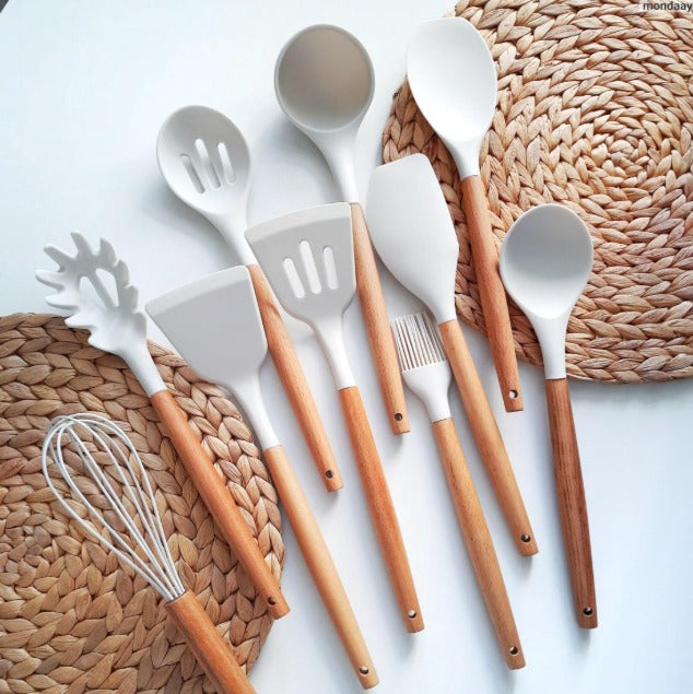 Utensilios Para Cozinha Silicone Kit 19 Peças Cabo Madeira Conjunto Completo Espátula Concha Colher Jogo Suporte Faca Antiaderente Tabua Tesoura Faqueiro PREMIUM (Branco)