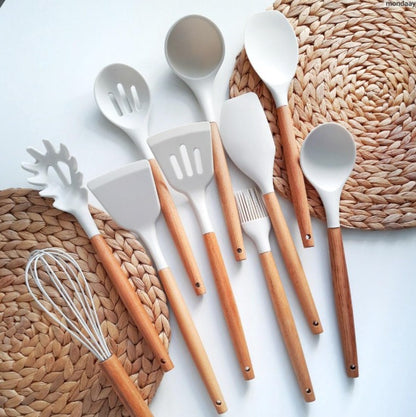 Utensilios Para Cozinha Silicone Kit 19 Peças Cabo Madeira Conjunto Completo Espátula Concha Colher Jogo Suporte Faca Antiaderente Tabua Tesoura Faqueiro PREMIUM (Branco)